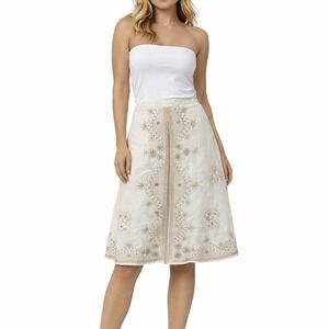 ANNE CARSON Linen Skirt Ivory Embroidered Beaded Womens 14 Lined Boho Festival